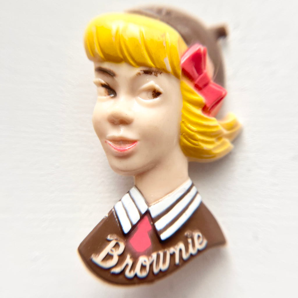 Brownie Uniform Pin Celluloid Brooch Girl Scout Collectible Vintage 1950s